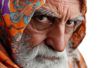 Aufkleber - A close-up view of a person's face and neck with a scarf wrapped around it.