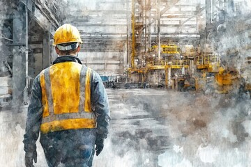 Poster - A man wearing a hard hat and safety vest working on a construction site.