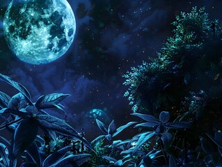 Poster - Bioluminescent Alien Planet Moon with Glowing Flora and Fauna in the Otherworldly Darkness