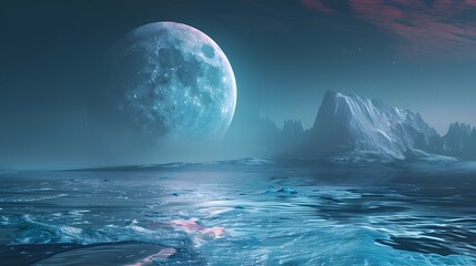 Sticker - Mystical Lunar Seascape An Alien Ocean Aglow with Bioluminescent Waves Under a Rising Moon