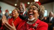 © svastix - An elderly woman dressed elegantly in a church setting, laughing joyously as she claps her hands during a lively celebration, surrounded by a joyful congregation.