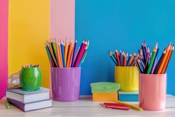 Wall Mural - Office supplies and fruit on a desk surface.