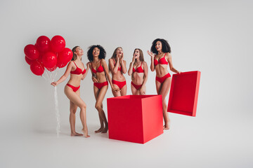 Canvas Print - Full body photo of attractive young girls models open giftbox balloons wear red fashion lingerie isolated white wall background no filter