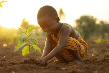 Poster - A young child kneels in the dirt with a small plant, demonstrating his curiosity and enthusiasm for nature.