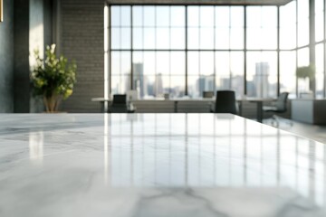 Poster - A modern office interior featuring a marble countertop and a cityscape view through the window.