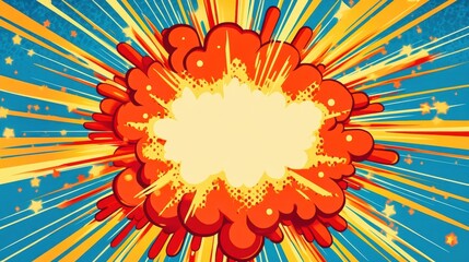 Poster - Colorful explosion effect with dynamic rays on a blue background, ideal for comic book art and vibrant designs.