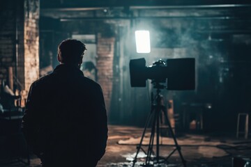 Aufkleber - A person standing in front of a camera in a dimly lit room, ideal for use as a creative or conceptual image.