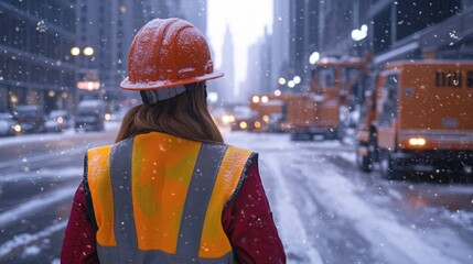 Poster - Woman working on construction site with safety gear.