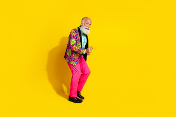 Canvas Print - Full size photo of charismatic man dancing empty space wear pink trousers blazer isolated on yellow color background