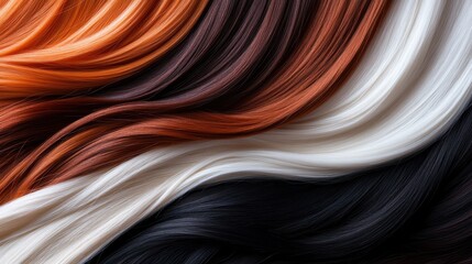 Close-up of vibrant hair strands in varied colors including orange, black, white, and brown, emphasizing texture and bright color contrasts against a dark background.