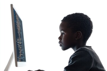 Wall Mural - A young boy sits in front of a computer monitor, focused on his task.