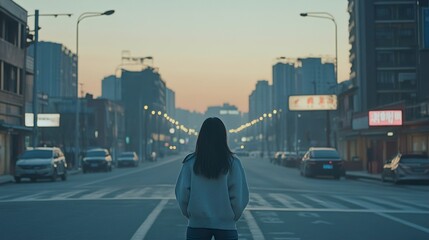 Canvas Print - Woman Standing Alone on a City Street at Dawn