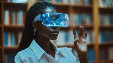 Poster - A woman sits at a desk in a library, wearing virtual reality glasses.