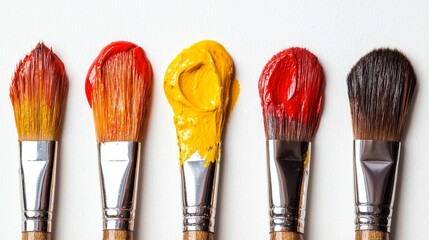 Five paintbrushes with different colors of paint against a white background