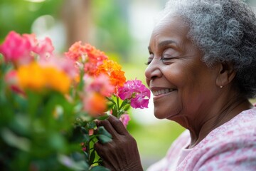 Canvas Print - An older woman smiling while smelling flowers, a moment of joy and serenity.