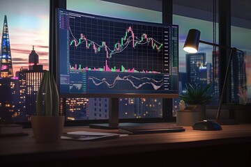 Aufkleber - Serene indoor scene with city skyline view through large window. Green plant on window sill, desk with computer monitor displaying chart. Various objects clutter desk, including keyboard, lamp,