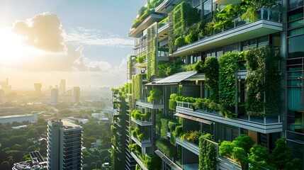 Poster - Futuristic Skyscraper with Lush Green Terraces and Solar Panels Exemplifying Sustainable Urban Architecture