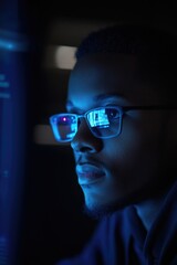 Wall Mural - A person wearing glasses looks at a computer screen with focus on technology and work.