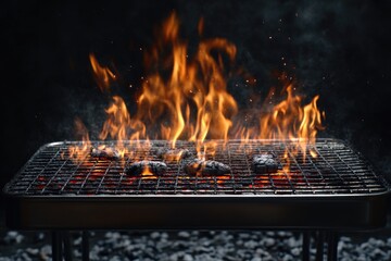 Wall Mural - A barbecue grill with flames lit up at night, surrounded by rocks and darkness.