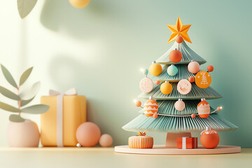 Miniature Christmas tree, handcrafted ornaments with tiny lights, 3D illustration