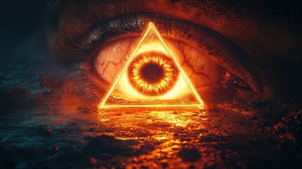 neon glowing allseeing eye and pyramid isolated on a stark black background embodying themes of surveillance conspiracy and mystery in a striking modern aesthetic