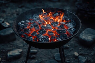 Wall Mural - Grill with burning charcoal, perfect for outdoor cooking or camping scene.