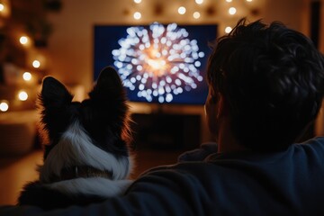 Poster - A man and his dog enjoying a fireworks display on a summer evening.
