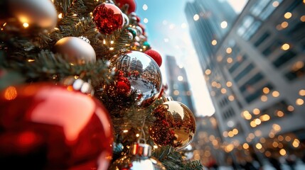 Gleaming red and gold Christmas tree set against the backdrop of towering skyscrapers, encapsulating holiday cheer and urban festivity in one frame.