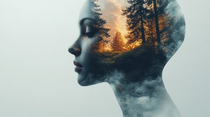 Wall Mural - outline of a human head filled with a serene landscape representing inner peace and mental tranquility with ample white space for text or concepts