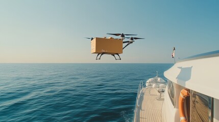 Poster - Drone delivering a small cardboard box of food to a yacht, hovering near the boat's deck under clear skies.