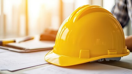 A bright yellow hard hat rests on a desk scattered with papers, symbolizing construction safety and project planning in a professional environment.