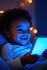 Poster - Young child seated on a couch, engaged with a tablet device.