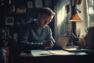 Aufkleber - A person sitting at a desk with a laptop, likely working or browsing the internet.