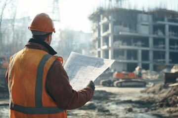 Poster - A construction worker holding a blueprint near a building site, suitable for architecture or construction-related projects.