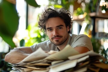 Aufkleber - A businessman sits at a table covered in papers, working on documents.