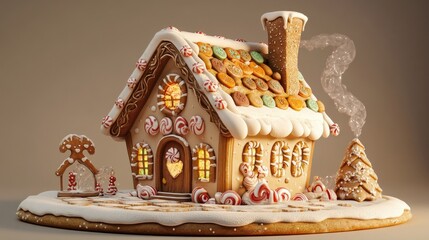 Poster - A festive and colorful gingerbread house with a chimney on top, perfect for holiday scenes or decoration inspiration.