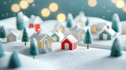 Vintage miniature Christmas scene, snowcovered Victorian houses, 3D illustration