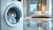 © svastix - A close-up of a modern washing machine with laundry inside is contrasted against a blurred, luxurious living room, bringing a feel of sleek utility and comfort.