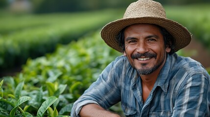 Poster - hardworking and happy ethnic farmer in crops plantation work fair trade concept supporting sustainable farming practices and ethical sourcing labor in tea fields,healthy work conditions