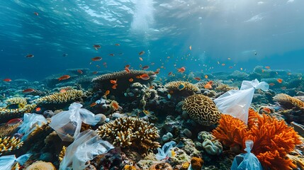 Canvas Print - Vibrant Coral Reef Choked with Plastic Waste Highlighting Underwater Pollution Crisis