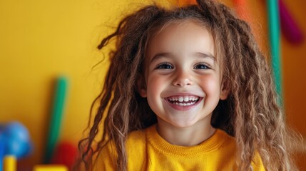 A smiling child with braided hair stands vibrantly against a bright yellow backdrop, capturing warmth and joy in a lively and colorful setting.