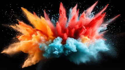 An artistic photograph capturing a dynamic explosion of vibrant colored powders on a black background, symbolizing creativity, energy, and expression in art.