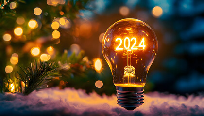 Sticker - Lightbulb glowing for 2024 merry Christmas and happy new year.