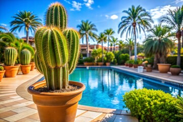 Wall Mural - Terracotta potted cactus by pool in tropical garden