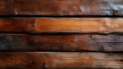 A detailed view of rustic wooden planks showcasing rich, warm brown tones and intricate wood grain patterns, ideal for rustic home or artistic design themes.