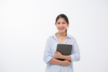 Beautiful Asian woman using tablet portable device computer technology, feeling happy smiling formal wear, internet connectivity and digital creative design tool. With white blank background.