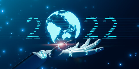 Aufkleber - AI robotic hand holding 2022 new year digital, artificial intelligence digital cyberspace technology world internet connection, innovation development futuristic tech, 3D illustration blue background