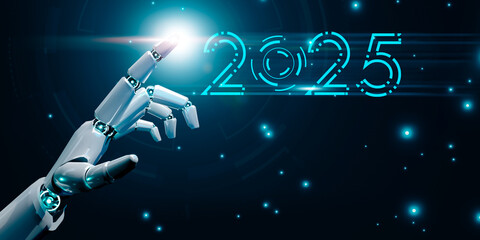 Leinwandbilder - AI robotic hand holding 2025 new year, artificial intelligence digital cyberspace technology world internet connection, innovation development futuristic tech, 3D render illustration blue background