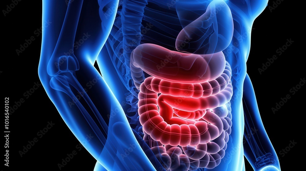 Science Intestines Digital illustration of the human intestine highlighting ...