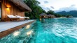 © svastix - A serene view of overwater bungalows surrounded by turquoise waters and lush greenery under a captivating sunset, evoking a sense of calm and luxury.